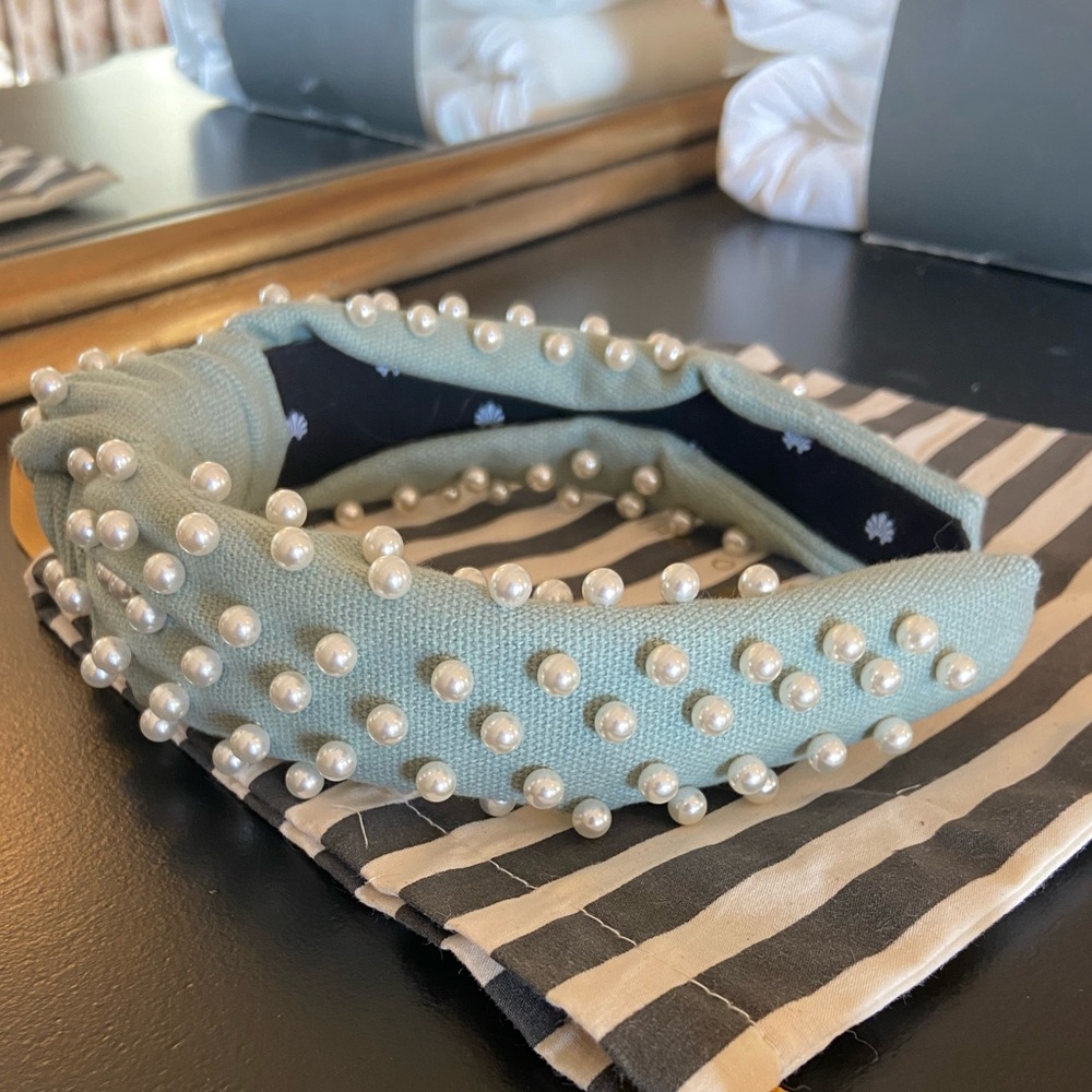 LeLe Sadoughi Dove Gray Headband with Pearls